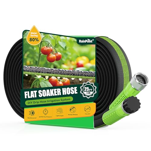 RAINPOINT 25FT Flat Soaker Hose Flexible & Heavy-Duty Drip Hose with Anodized Aluminum Fittings 80% Water-Saving Double Layer Gardening Irrigation Hose Green