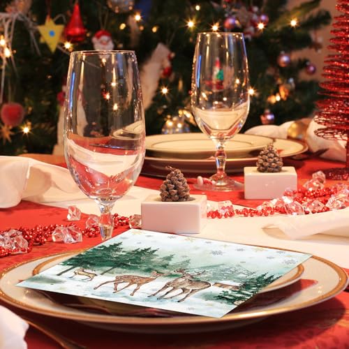 Quera 50 Pack Christmas Paper Napkins 6.5'' x 6.5'' Winter Watercolor Pine Forest Elk Paper Snowflake Dinner Napkin Xmas Party Supplies Reindeer Disposable Napkin for Holiday Party Dinner – Image 7