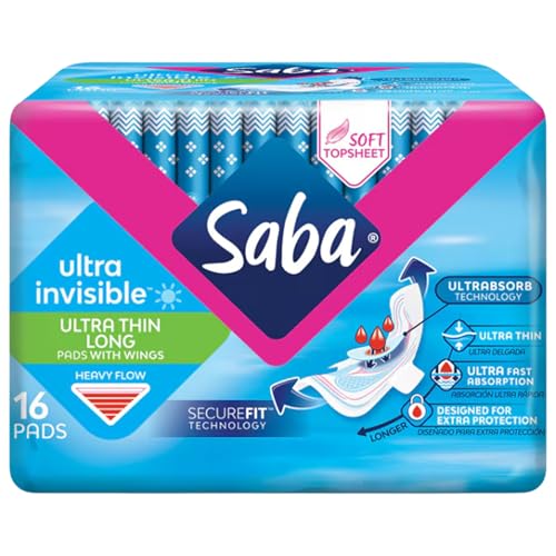 Image of SABA Ultra Invisible Ultra Thin Long Pads with Wings, Regular Flow, 3-Pack of 16 Pads (48 Count)