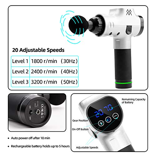 Massage Gun Deep Tissue Percussion Muscle Massager for Pain Relief, Handheld Electric Body Massager with 20 Adjustable Speed,6 Head,Quiet & Comfortable Muscle Soreness Relieves (Noble Silver).