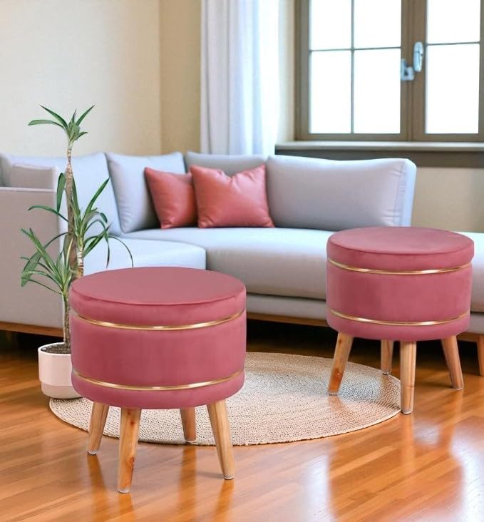 Image of Ottoman Stool for Living Room Foot Rest | Velvet Small Ottoman Foot Stool | Solid Wood Legs | Footstool Puffy for Home, Bedroom & Makeup Table | 16x16x18 Inch, Set of 2 (Gajri)