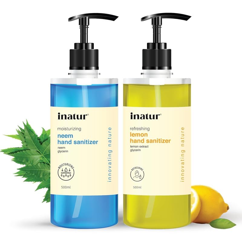 Image of inatur Lemon and Neem Hand Sanitizer Gel Combo | Alcohol-Based, Antibacterial, Kills 99.9% Germs | Enriched with Lemon & Neem for Natural Care | Hand Sanitizer 500ml for Hygiene, Protection & Safe