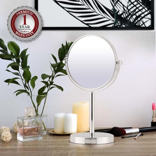 Image of OVENTE 6'' Tabletop Vanity Makeup Mirror, Polished Chrome MNLT60CH1X7X | Double Sided Round Magnifying Table Mirror with 1X /7X Magnification, 360 Rotation, Perfect for Dresser Bedroom Office Travel