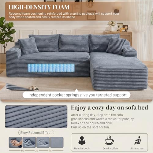 Image of 95 inch L Shaped Cloud Boneless Sectional Couches for Living Room, Modern Comfy Modular Deep Seat Memory Foam Compressed Corduroy Sofa Oversized Right Facing Chaise, No Assembly Required, Grey
