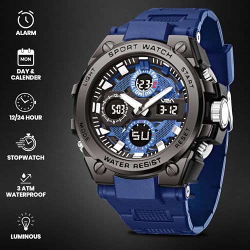 Image of V2A Stryke-TERRAX 5220 Analog-Digital Sports Watch for Men | Bold 3D Dial Design | 50M Waterproof Quartz Watch with Alarm, Stopwatch, Day-Date & Backlight | Rugged Everyday Performance