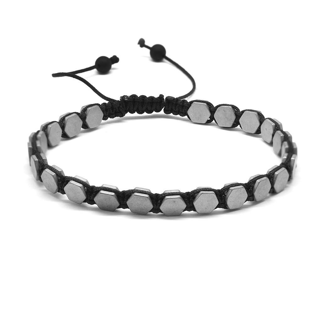 Altıgen Tasarım Makrome Örgü Gri Hematit Doğaltaş Bileklik
