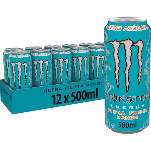 Monster Energy Ultra Fiesta Mango, Bebida energética sin Azúcar Sabor Mango - Pack de 12 latas de 500ml