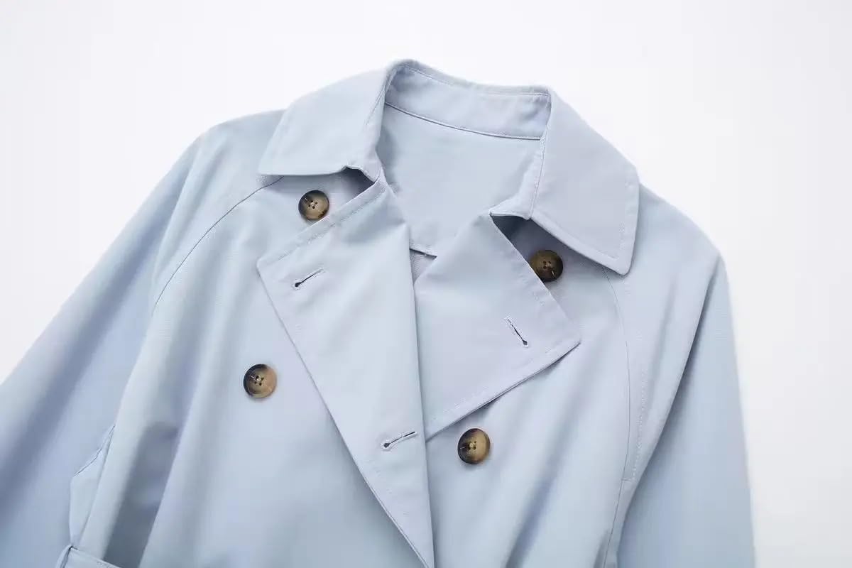 Women's Light Blue Trench Coat | Classic Double Breasted Office Lady Windbreaker with Belt for Spring Fall
