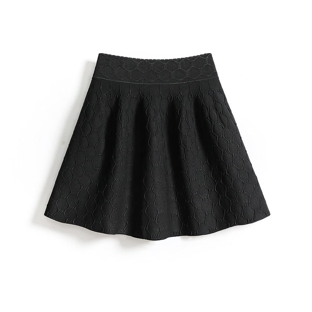 LUKX Damen Strickrock,Damen Minirock Schwarz Elastic High Waist Gestrickt Geometrie Jacquard Faltenrock Vintage A-Line Ruched Herbst Winter Kurzrock Für Mädchen Damen