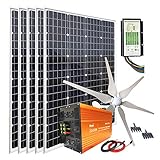 1000W Solar Panel Kit with 400W Wind Turbine Generator + 5pcs 120W Mono Solar Panel + 3000W 12V to 120V Power Inverter + Hybrid Charge Controller for 12V Battery Charge