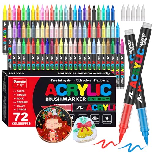 Image of Amamao Acrylic Paint Markers, Soft Brush Tip and Paint Markers, Acrylic Paint Pens for Wood, Stone, Canvas, Glass, Fabric, Egg, Rock Painting and Craft Supplies, 72 Colors