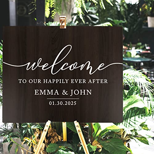 Andaz Press Personalized Large Wooden Welcome Sign for Wedding Rustic Welcome Sign 16" x 20" Custom Names Happily Ever After Wedding Signage Dark Walnut MDF Wood Finish Reception Indoor Outdoor Signs - Thumbnail 4