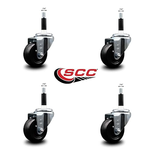 Miniatura 2 de Juego de 4 ruedas giratorias de goma dura con vástago expansible con ruedas negras de 3 x 1.25 pulgadas y vástagos de 78 pulgadas, incluye 4