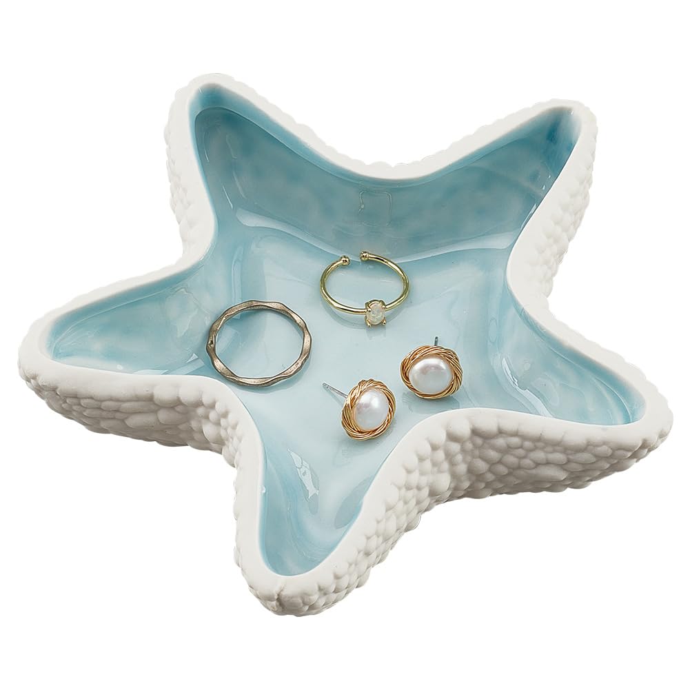DELORIGIN Starfish Jewelry Dish Tray Ceramic Jewelry Dish Ring Holder Trinket Dish Candy Dish Small Key Bowl for Birthday Home Party Decor Ocean Art Gift for Women Housewarming Present