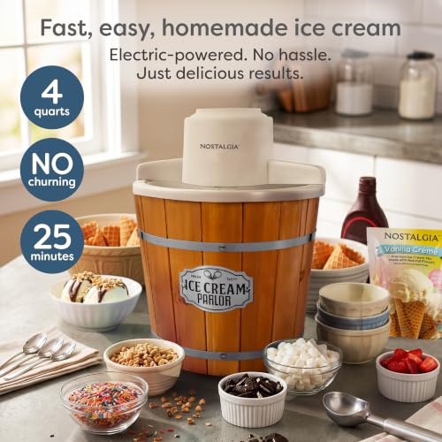 Image of Nostalgia Electric Ice Cream Maker With 4 Qt Capacity- Old Fashioned Ice Cream Machine Makes Frozen Yogurt or Gelato in Minutes- Vintage Wooden Style Ice Cream Maker with Aluminum Canister- Light Wood