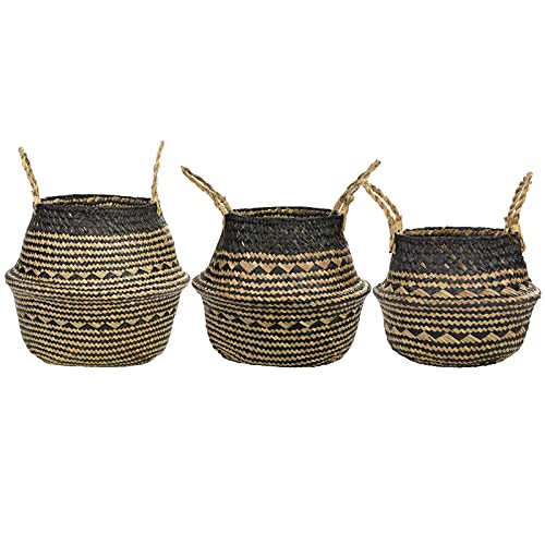 WCIC Panier de Ventre Jonc de Mer Cache Pot Plante Osier Intérieur Panier Tressés Ensemble 3 pièces (Grand, Moyen, Petit) Panier de Rangement pour Salon, Cuisine, Chambre (#2 Noir) Cover