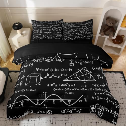 Image of NINENINE Math Formula Comforter Sets, Black Scientific Equation Formula Bedding 5PCS Queen Size Comforter Sets for Boys Teens (1Comforter, 1Flat Sheet, 1Fitted Sheet, 2Pillowcases)