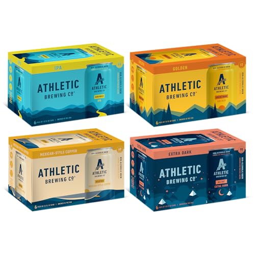 Athletic Brewing Company Craft NA - 6-Pack of All Out, Upside Dawn, Run Wild IPA, and Cerveza Atletica - Low-Calorie, Award Winning - All Natural Ingredients For A Great Tasting Drink - 12 Fl Oz Cans