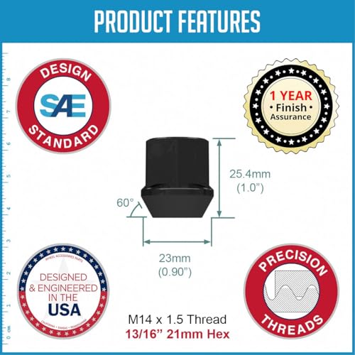 Image of Wheel Accessories Parts 32 Pcs M14x1.5 14x1.5 Thread OE Bulge Acorn Lug Nuts 1.0 inch 25mm Long Black 13 /16 inch 21mm Hex Fits Ford F-250 Super Duty F-350 Super Duty Excursion