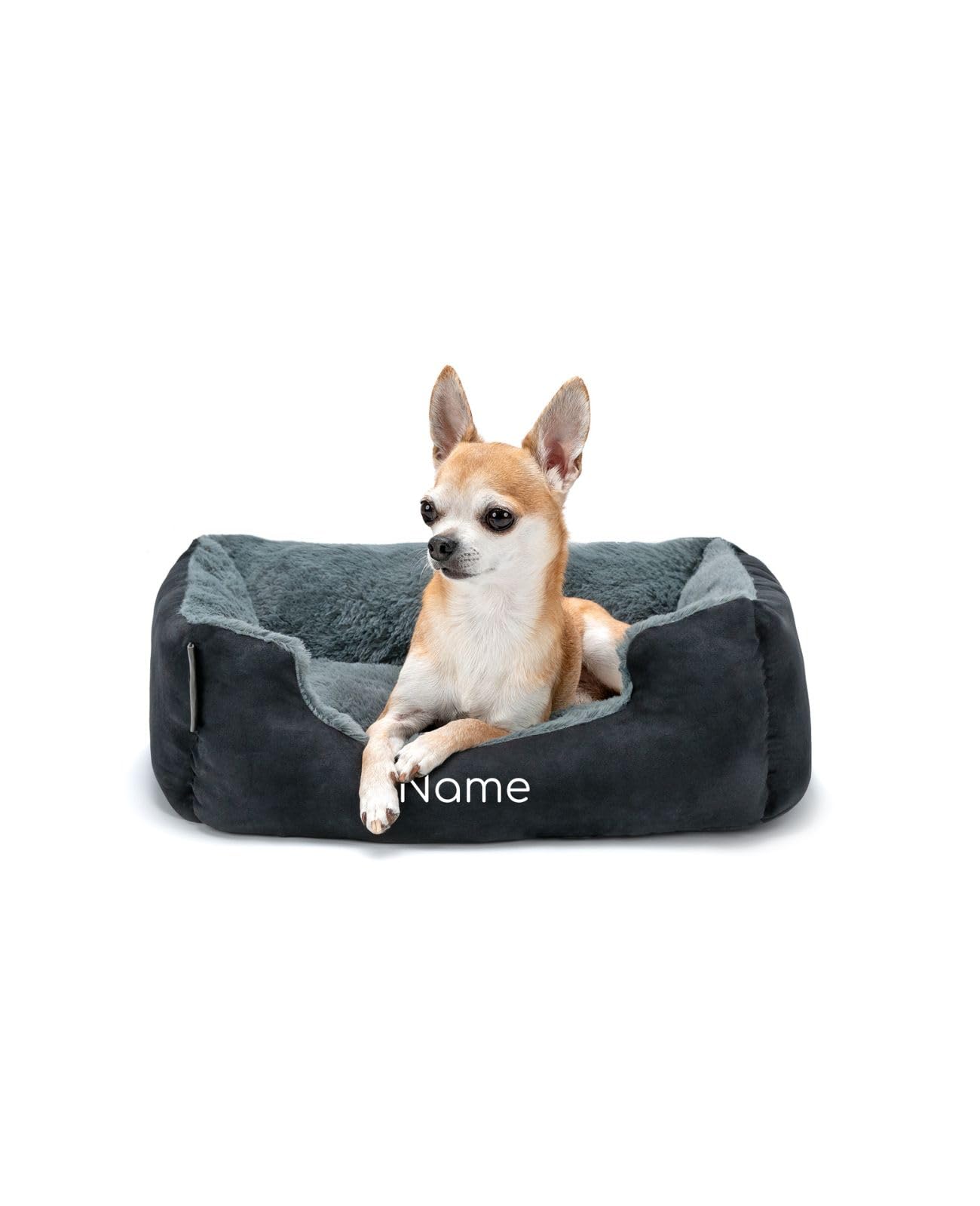 lionto Cama para Perros con cojín Reversible y Base Antideslizante, cojín para Mascotas con Entrada Baja para Perros y Gatos, 50x37 cm, cojín para Perros Acogedor, Negro/Gris (con Nombre Impreso)