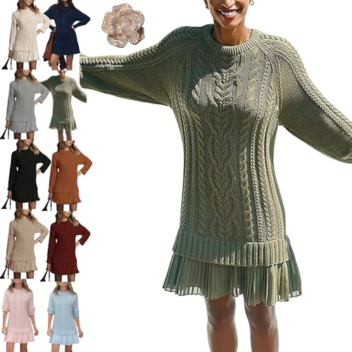 Women Crewneck Cable Knit Sweater Mini Dress, Twofer Dress for Women, Crewneck Long Sleeve Pleated Mini Dress
