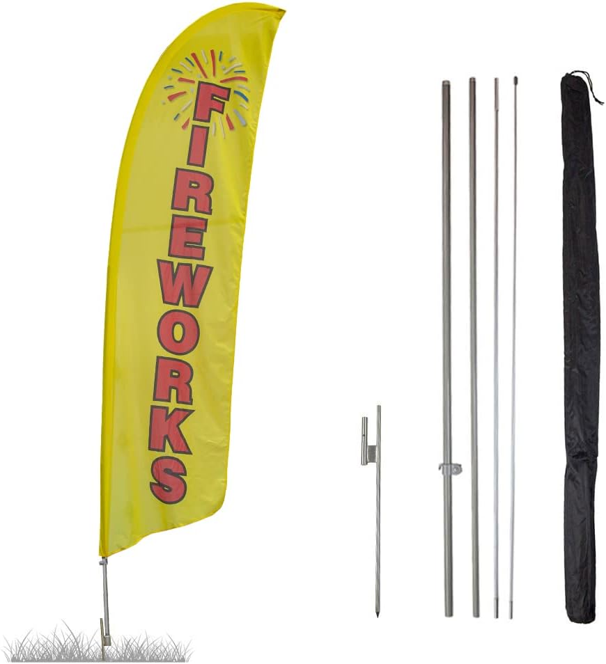Vispronet Fireworks Feather Flag Kit – 13.5ft 4th of July Flag with Pole Set and Ground Spike – Advertising Sign for Storefront – Weather-Resistant Knitted Polyester – Printed in the USA