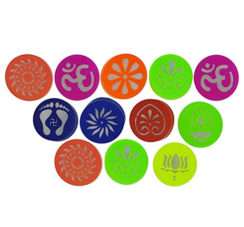 Image of Ascension ? Plastic 12 Different Design Draw Rangoli Making Kit Rangoli Stamp Om Swastik Flower Design Colourful Rangoli Making Stencil Bottle Filler