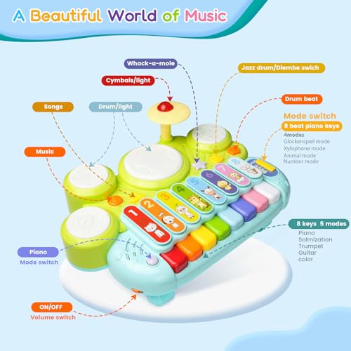 Ohuhu Y26-80300-05 Kids Drum Set For Toddlers: Ohuhu 5 In 1 Baby Musical Instruments Musical Toys Children Drum Kit Xylophone Microphone Piano Early Educational Learning Toy thumb #1