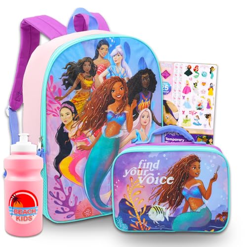 A Pequena Sereia Conjunto de Mochila com Lancheira - Pacote com Bolsa Ariel de 40,6 cm, Lancheira, Garrafa e Mais | Material Escolar Pequena Sereia para Crianças, Multicor, The Little Mermaid