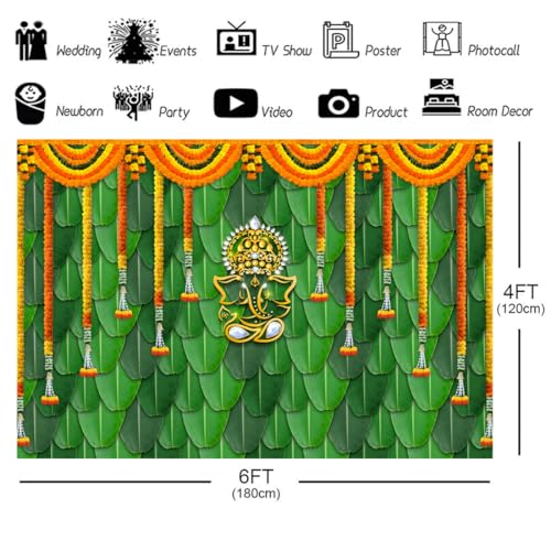 Image of Pooja Backdrop Decoration Cloth Items Indian Ganpati Puja Traditional Chatiya Ganesh Mehndi Photography Background Festival Wedding Party Marigold Garlands Photo Booth Props Banner 6x4ft