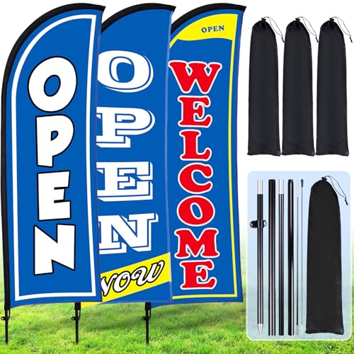 Image of Buryeah 3 Sets Now Open Feather Flag Banner for Business Advertising 7 Feet Tall Grand Opening Feather Flag Sign with Fiberglass Pole Kit Rotating Ground Spike and Portable Bag (Blue)