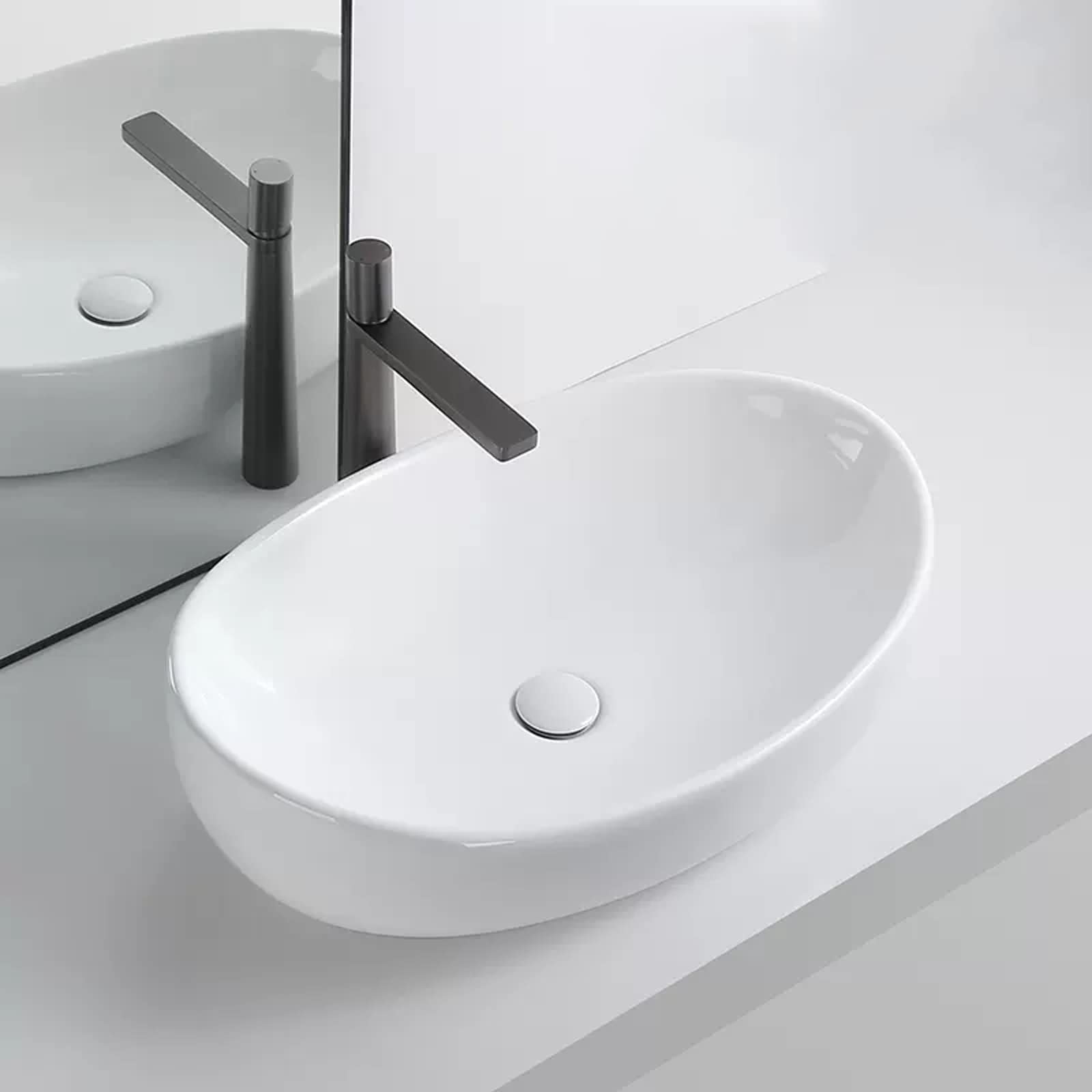 Lavabo da appoggio Lavandino da bagno ovale Lavabo a vasca in ceramica bianca, porcellana, Lavabo a vasca da 25,5"x 17,3" con scarico pop-up sopra l'installazione del bancone Ideale per i piani d'appo