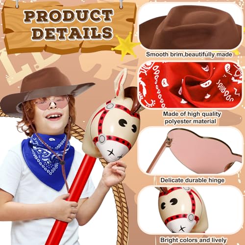48 Pcs Kids Cowboy Hat Set with Bandanas and Stick Horses, Brown - Image 4
