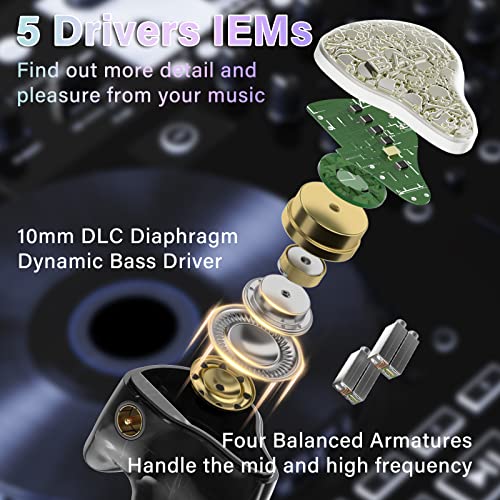 Image of BASN Bmaster5 in Ear Monitors, 1DLC Diaphragm+4BA 5 Drivers IEM Earphones with Silver-Plated OFC Cable, Noise Isolation Wired Earbuds for Musicians (Starlight Gold)
