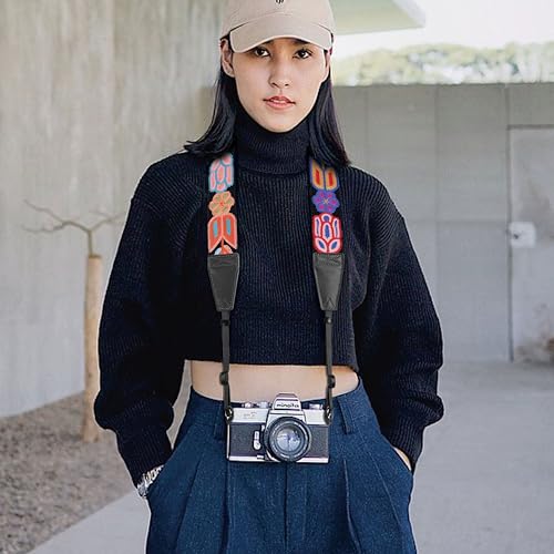 Image of Padwa Lifestyle Colorful Crochet Camera Strap - 2 inch Full Grain Leather Ends Camera Straps for Photographers, Vintage Woven Cotton Soft Suede Fabric Padded Strap with Quick Release fits All Cameras
