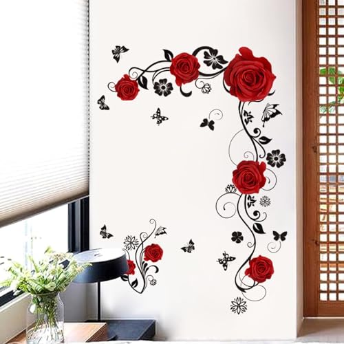 Vinilos Decorativos de Flores Rojo Rosa, Pegatinas de Pared Grandes, Adhesivos para Habitación, Dormitorio y Salón