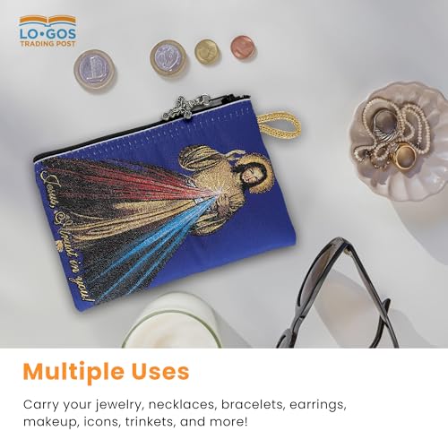 Image of Catholic Rosary Pouch, 4 inch x 6 inch Jewelry & Coin Purse with Cross, Small Woven Tapestry Icon Bag, Bolsa de Rosario Catolico para Joyeria, Devine Mercy of Jesus & Jesus is God, 4 x 6 Inch