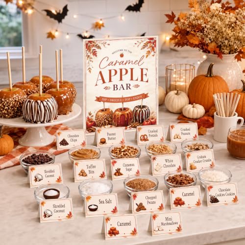 Image of Marspark 14 Pcs Caramel Apple Dipping Bar Station Decorating Set for DIY Candy Apple Corners Fall Dessert Table Sign with Stand and Cards for Fall Autumn Thanksgiving Table Decorations (Autumn Color)