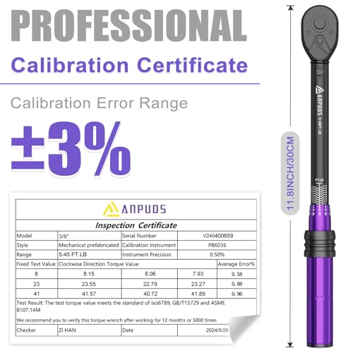 Image of ANPUDS 3 /8 Inch Drive Click Torque Wrench, 5-45 Ft-Lb /6.8-61Nm | Dual Direction, ±3% Accuracy, 72 Tooth, Lightweight Aluminum Torque Wrench for Bicycle, Moto and Car Spark Plug Repair