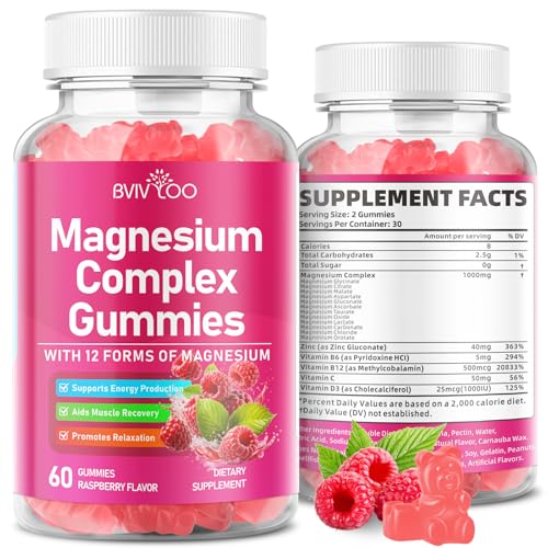 Magnesium Complex Gummies with 12 Forms of Magnesium Plus Vitamins B6 B12 & C. Vegan Strawberry Gummies to Support Mood for Adults 60 Count