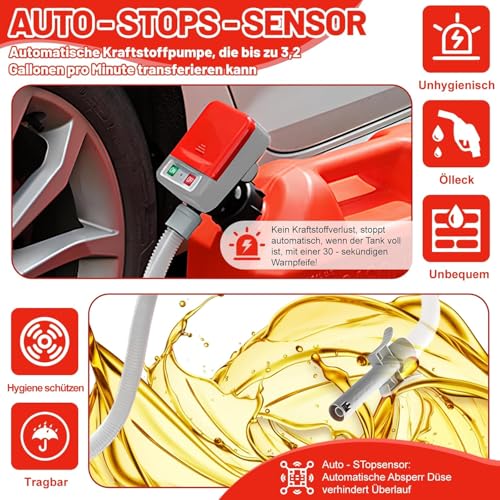 Kraftstoffpumpe mit Auto-Stopp-Sensor, Kraftstoff Umfüllpumpe mit 3 Adaptergrößen, 2.4GPM Elektrische Selbstansaugende Dieselpumpe Ölabsaugpumpe mit Schläuchen und Zapfpistole für Diesel, Öl & Benzin