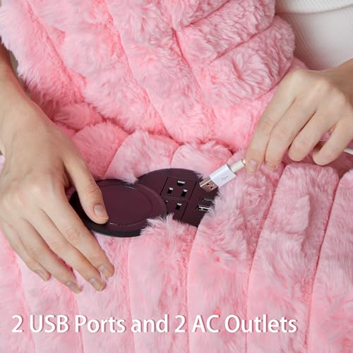 Image of QHITTY 58'' Plush Faux Rabbit Fur Chaise Loveseat with Charging Station & Cup Holder and Pillows, Upholstered Corduroy Chaise Loveseat Sofa Recliner Longue Indoor Couch for Living Room, Bedroom, Pink