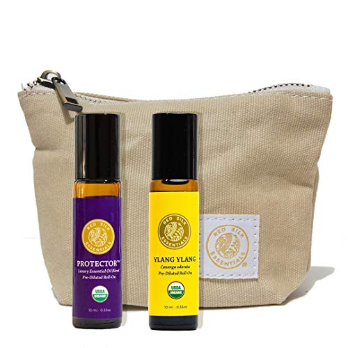 Red Silk Essentials USDA Organic Protector Essential Oil Blend (based on the Legend of 4 Thieves) & Ylang Ylang Essential Oil Roll-ons with Canvas Travel Case, Pure Natural Aromatherapy
