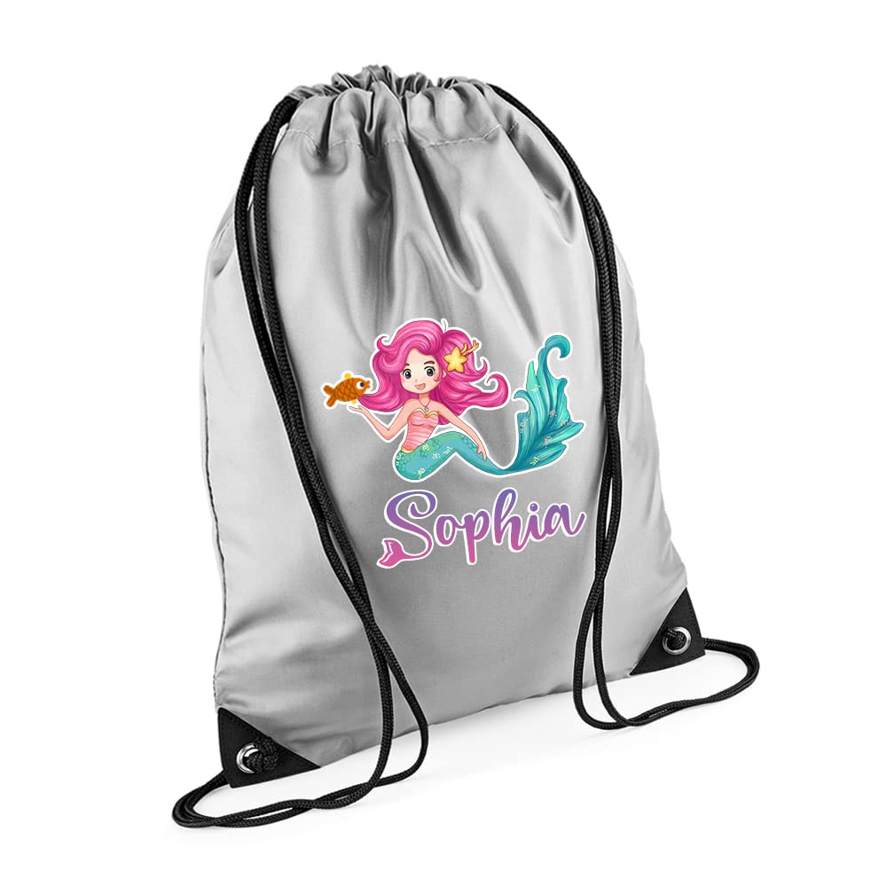 Mermaid Girl Gift Bag Personalised Backpack Mermaid Bag Gift for Kids-Girl Toddlers Birthday Girl Drawstring Bag, PE Gym Kit Swimming, Sport Rucksack. (Silver)