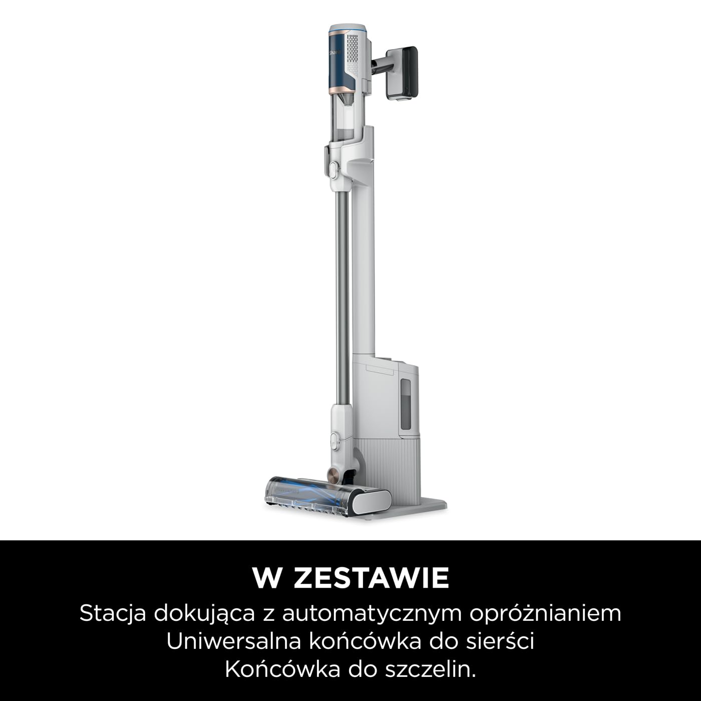 Shark Clean & Empty Bezprzewodowy odkurzacz z automatycznym systemem opróżniania, czas pracy 40 min, Anti Hair Wrap, akcesoria do sierści i szczelin, stacja ładująca, biało/niebieski, BU3521EU