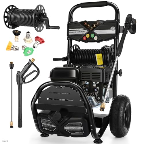 4200PSI Professional Gas Pressure Washer, 4GPM 212CC 7.0 HP 10' Wheels Commercial Gas Power Washer with 3L Foam Bottle 5 Nozzles 32FT Hose for Home Car Fence Driveway (EPA/CARB/ETL Compliant), 77LBS B