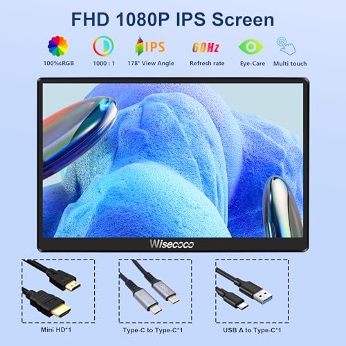 Image of wisecoco 7 inch Portable Monitor Touchscreen IPS 1080P 1920x1080 120Hz Mini LCD Display Second Screen USB C HDMI Ultra Thin for Raspberry Pi 5 /4 Switch PS5 Xbox Laptop PC