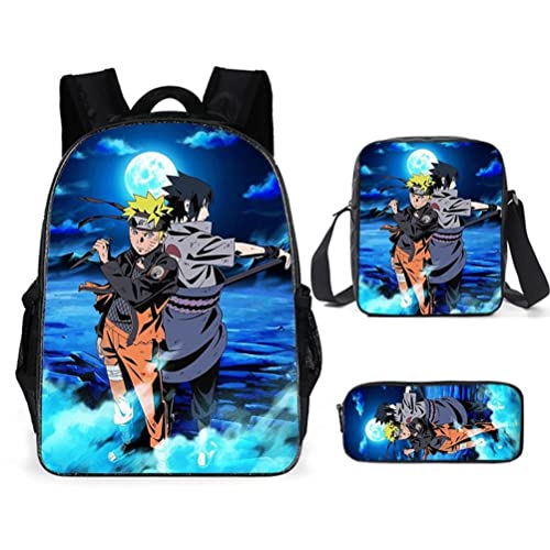 ZMOO Naruto Rucksack – 3-teiliges Kinder-Büchertaschen-Set, Cartoon-Rucksack mit Kuriertasche, Federmäppchen für Schule, Outdoor, Reisen, Camping, Picknick