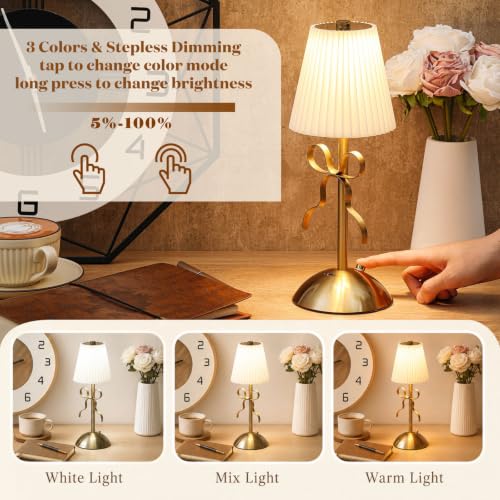 Image of Liliful 2 Pcs Cordless Table Lamp Rechargeable Touch LED Small Gold Portable Battery Operated USB-c Desk Lamp 3 Color Dimmable for Bedroom Living Room Dining (Gold,Beige Cloth Style Bow)