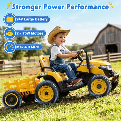 Image of ARBELI 24V Ride On Tractor w /2.4G Remote Control, Tiltable Trailer, Yellow